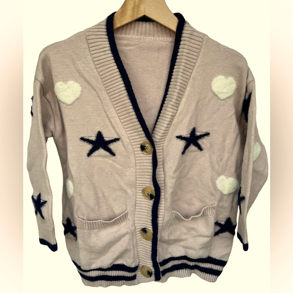Super Soft Cardigan Heart and Stars Beige/Blue/White with Pockets
